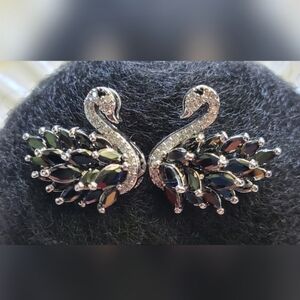 Elegant Black Swan Stud Earrings - Brilliant CZ Stones